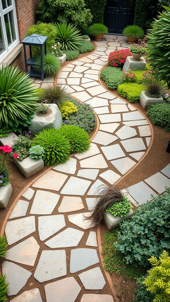A winding stone pathway surrounded by vibrant plants and flowers in a country garden.