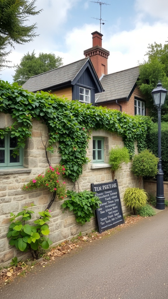 A charming stone wall with climbing plants and flowers, surrounding a cozy English country cottage.