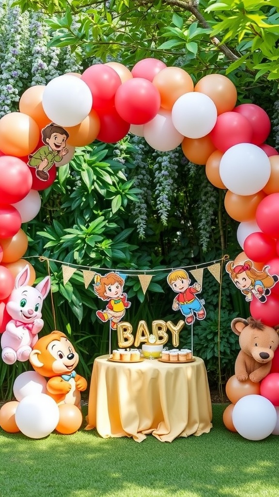 A colorful balloon arch with storybook characters, decorated for a baby celebration.