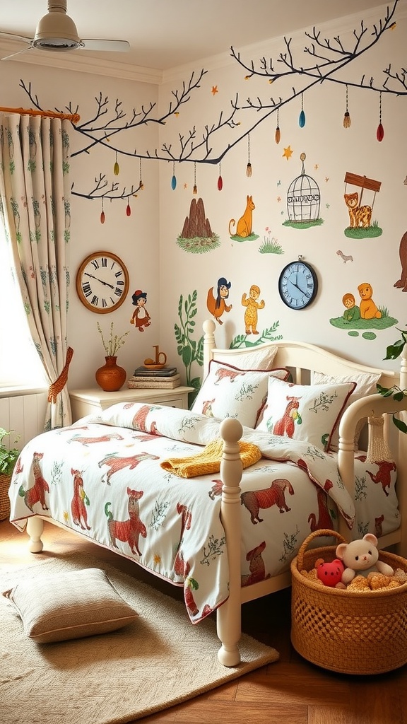 A cozy toddler boy's bedroom featuring classic storybook character themes with playful wall murals, soft bedding, and plush toys.