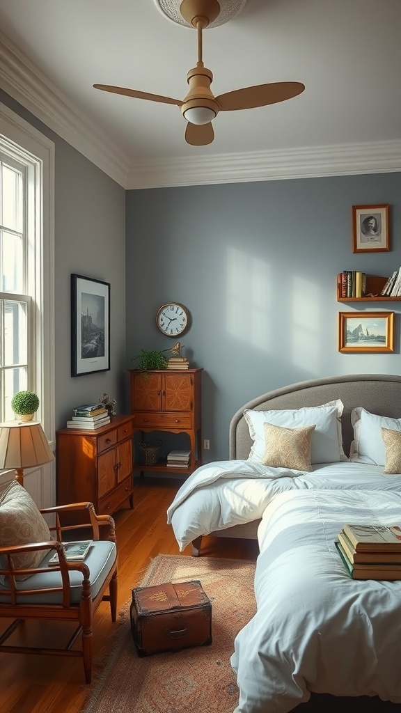 A cozy preschooler bedroom with a reading corner, featuring a bed with cushions, a vintage trunk, and bookshelves filled with storybooks.