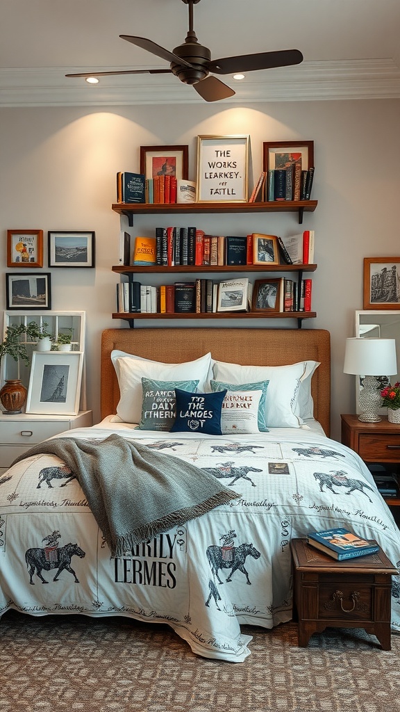 A cozy bedroom corner designed for a school-age boy, featuring a bed with a playful quilt, decorative pillows, and shelves filled with books.