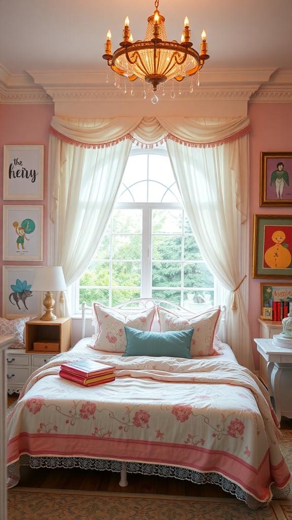 A cozy bedroom with pink walls, a floral quilted bed, a chandelier, and colorful artwork.