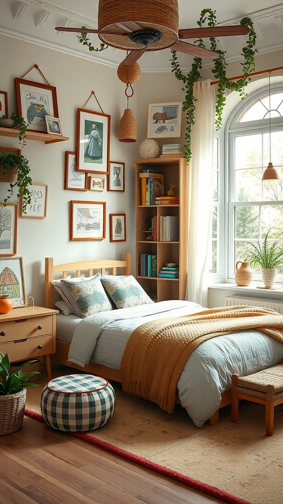 A cozy boys bedroom featuring wooden furniture, warm tones, framed illustrations, and indoor plants.