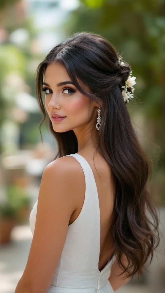 A bridesmaid with classic straight hair styled elegantly with floral accents