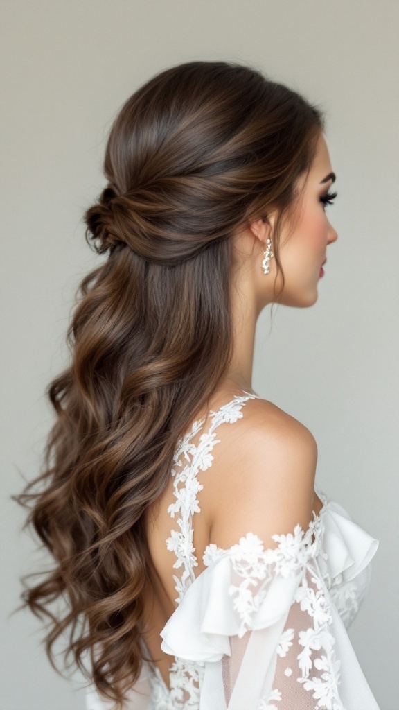 A woman with long, straight hair styled in a deep side part, wearing a bridal dress