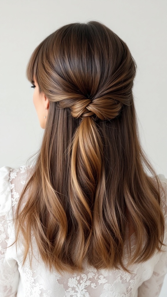 A woman with long straight hair and bangs styled in a half-up twist.