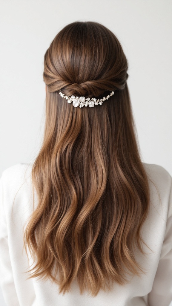 A woman showing classic straight hair styled with a decorative hairband, suitable for wedding guests.