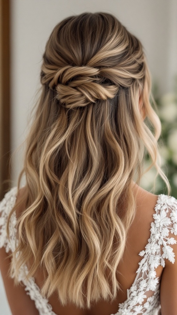 A bride's maid hairstyle featuring straight hair styled with soft waves, adorned with a twist at the back.