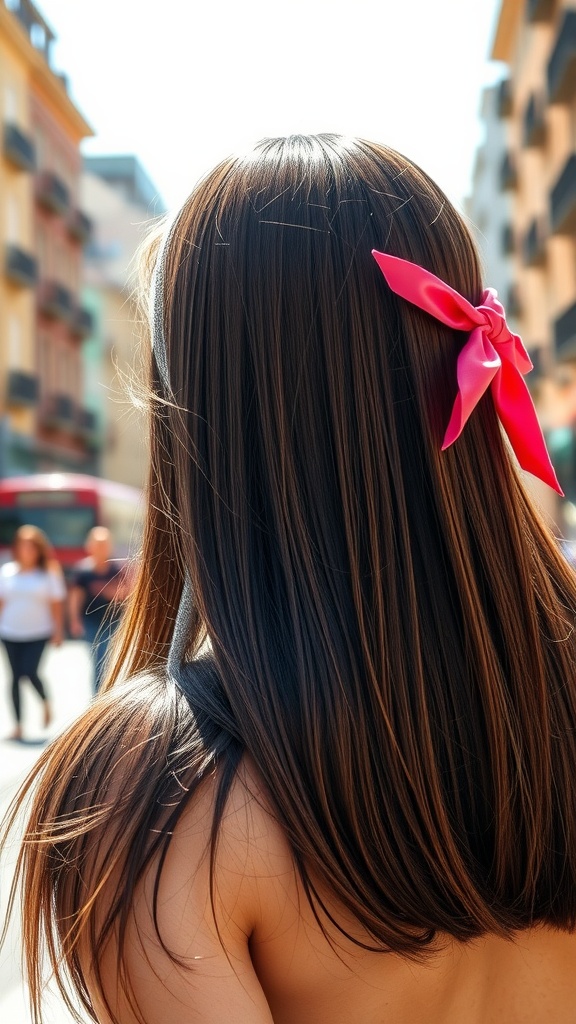 A woman with long straight hair adorned with a pink ribbon, standing outdoors in a sunlit street.