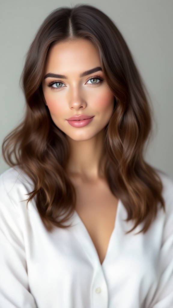 A woman with half up half down straight hair, wearing a white blouse and a natural makeup look.