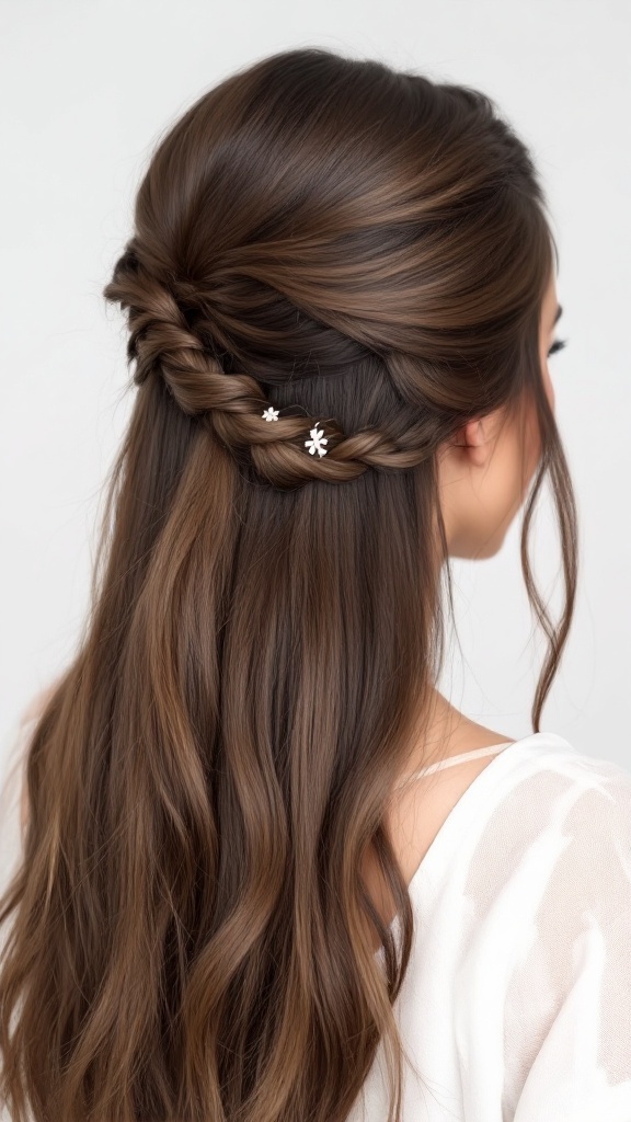 Half up half down hairstyle featuring straight hair with a center part and decorative hair accessories.
