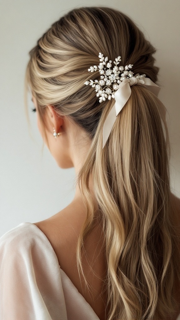 A classic straight ponytail hairstyle adorned with a pearl hair accessory and ribbon.