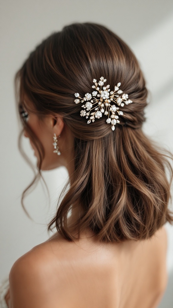 A shoulder-length hairstyle featuring classic straight hair adorned with a floral statement clip.