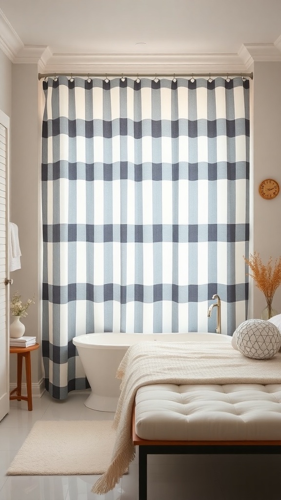 A bathroom featuring a navy and white striped shower curtain, a modern bathtub, and a cozy decor.