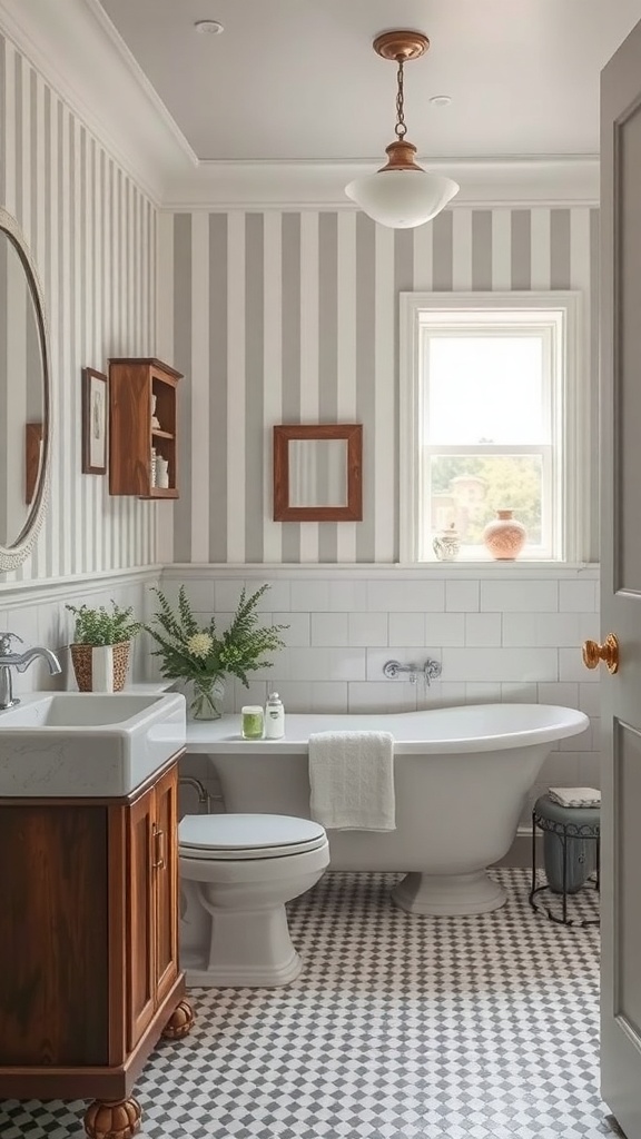 A stylish bathroom featuring gray striped wallpaper, a freestanding tub, and wooden accents.