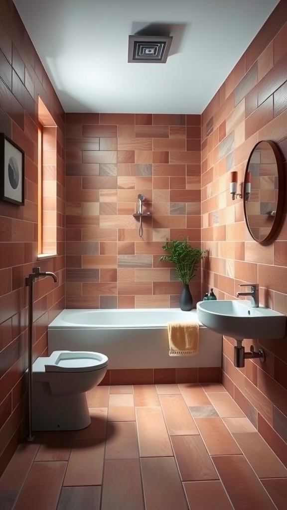 Bathroom featuring terracotta tiles with modern fixtures.