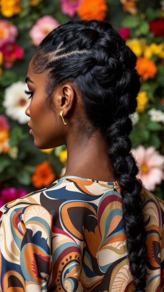 A classic three-strand braid ponytail styled against a backdrop of colorful flowers.