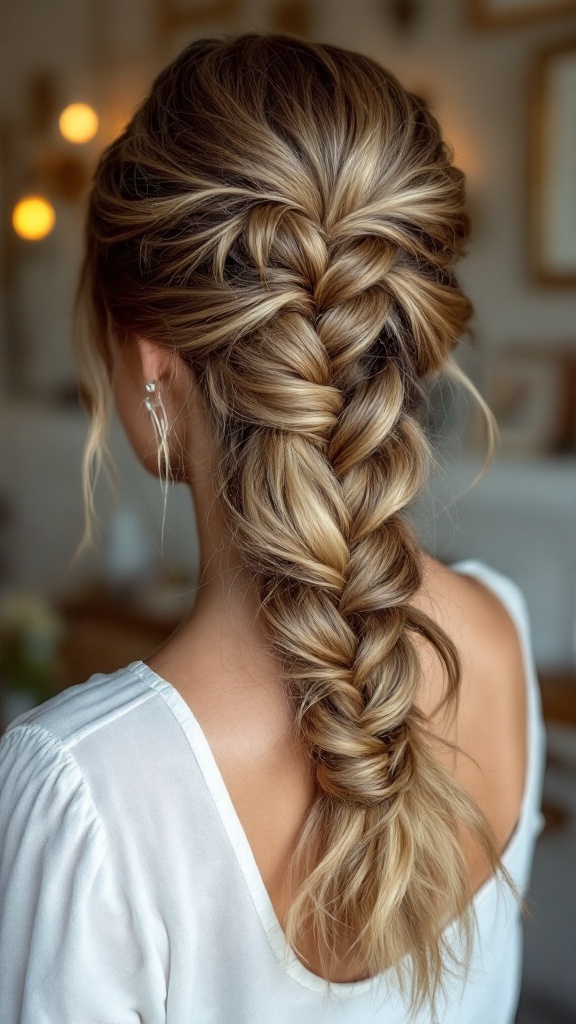 Half-up half-down hairstyle featuring a classic three-strand braid with soft volume