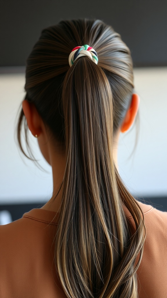 A person with a long ponytail secured with a colorful hair tie, viewed from the back.