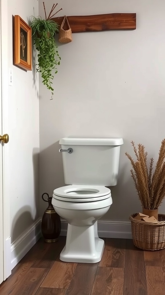 A classic white toilet in a rustic bathroom setting with plants and wooden accents.