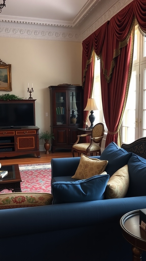 A living room featuring a navy blue sofa, rich red draperies, and traditional furnishings.