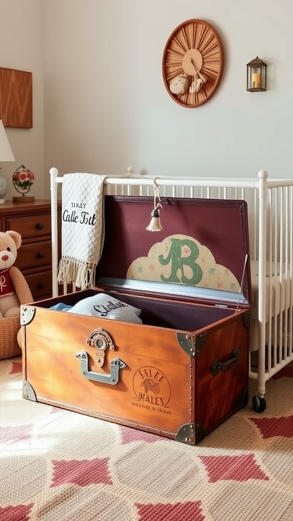 A vintage wooden trunk used for storage in a nursery setting.