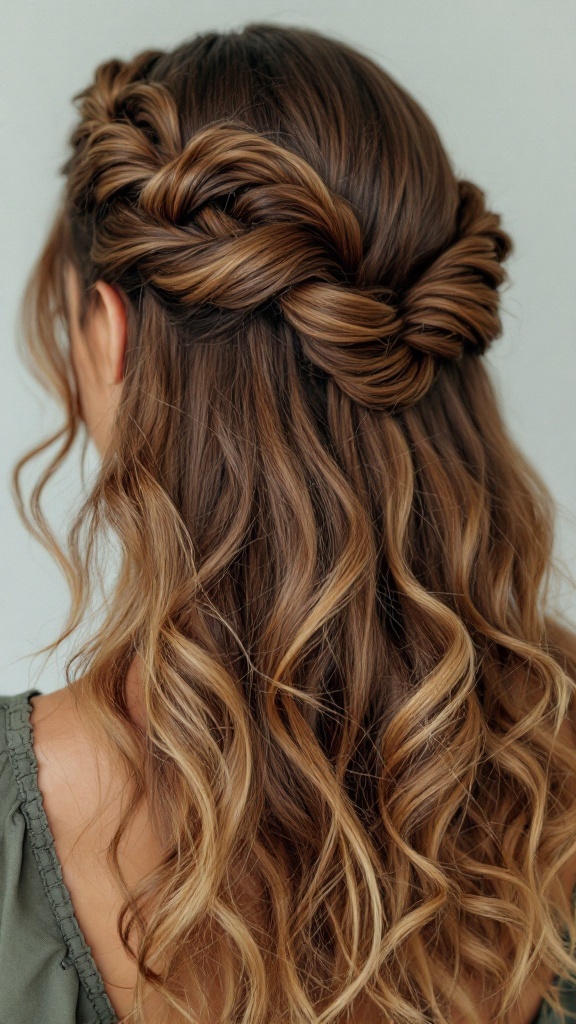 A woman with twisted half up hairstyle and retro curls