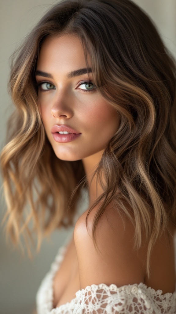 A woman with medium-length hair styled in classic U-shaped layers, exhibiting soft waves and a natural look.