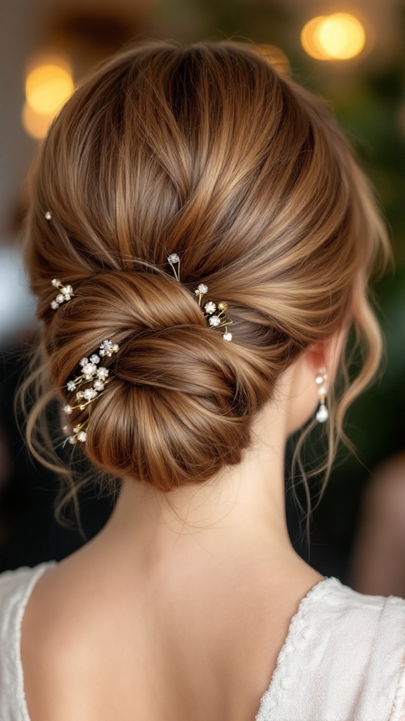 A classic updo hairstyle decorated with pins, showcasing elegance and simplicity.