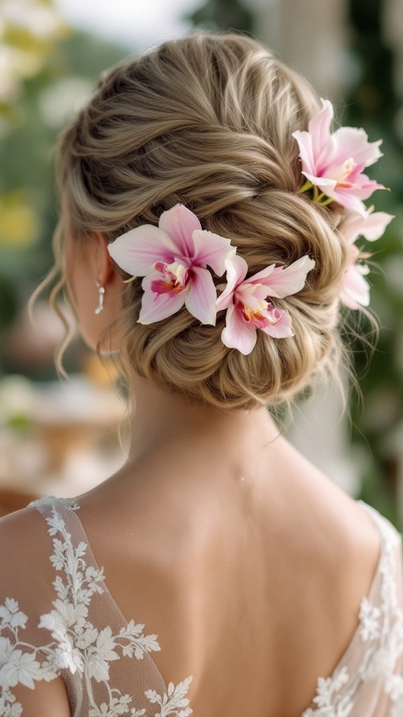 A beautiful classic updo hairstyle adorned with pink orchids, showcasing soft curls and a romantic flair.