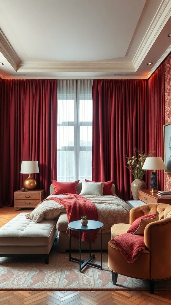 A cozy living room featuring classic red velvet curtains, a comfortable bed with decorative pillows, and stylish furniture.