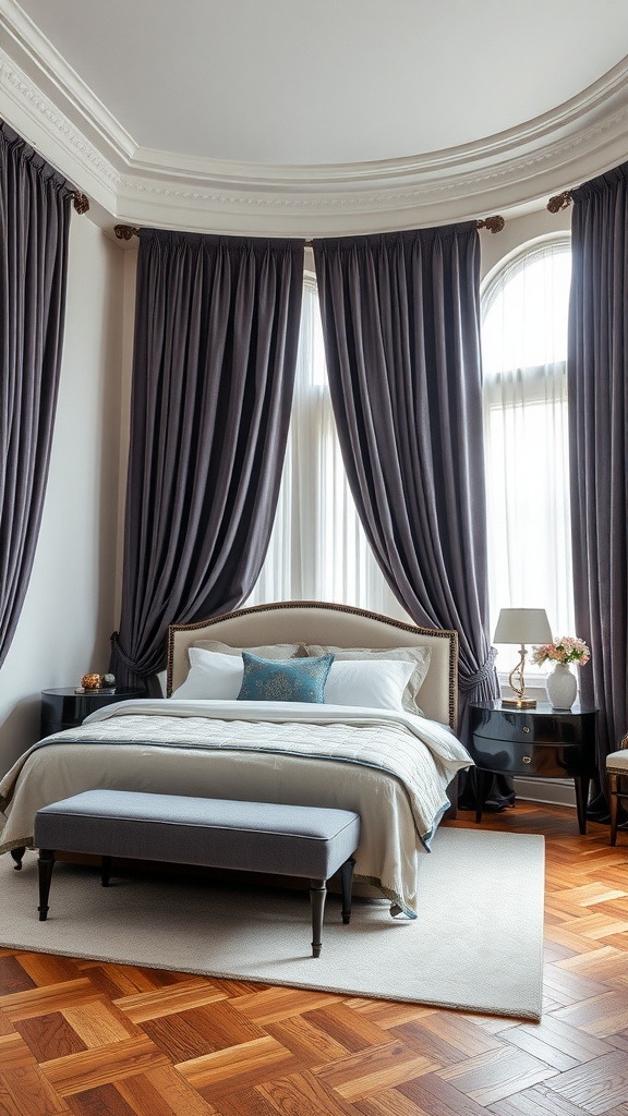 A stylish bedroom featuring classic velvet drapes, a comfortable bed, and elegant decor.
