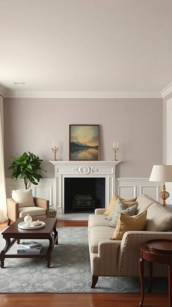 A cozy living room featuring classic wainscoting, a fireplace, and comfortable furniture.
