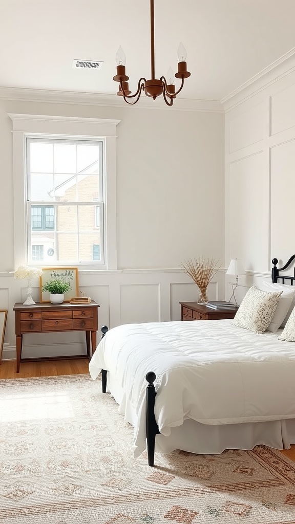 A bright farmhouse bedroom featuring classic wainscoting, dark wooden furniture, and soft bedding.