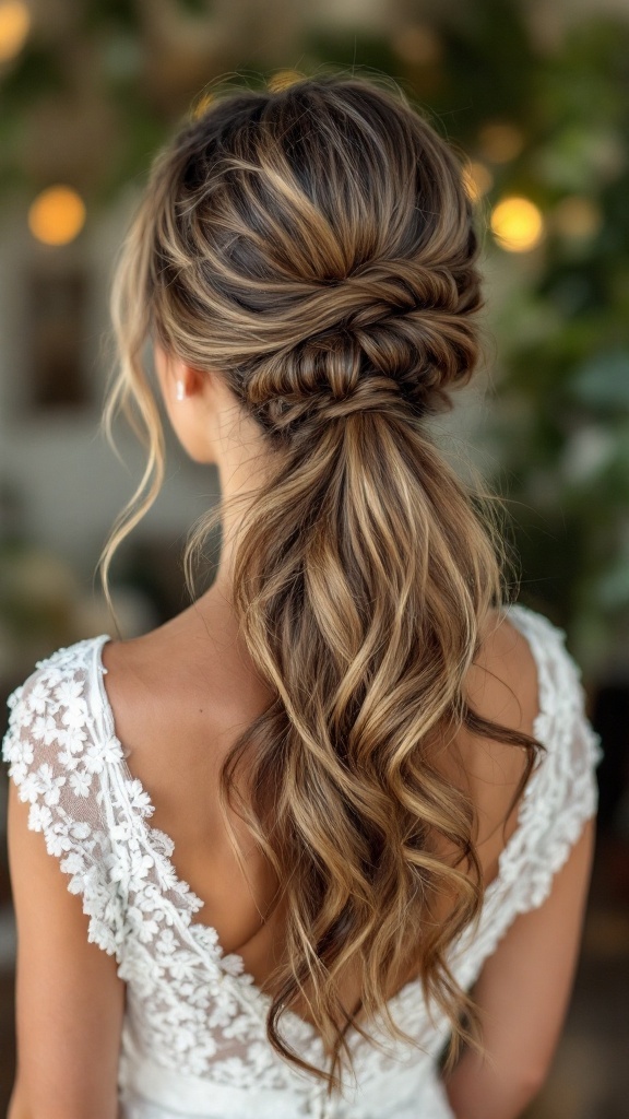 A bride's maid showing a classic wavy ponytail hairstyle, featuring loose waves and a textured look.