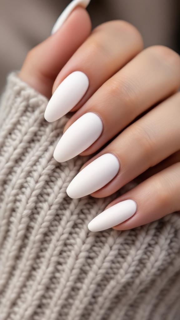 Classic white almond nails with a matte finish and decorative designs.