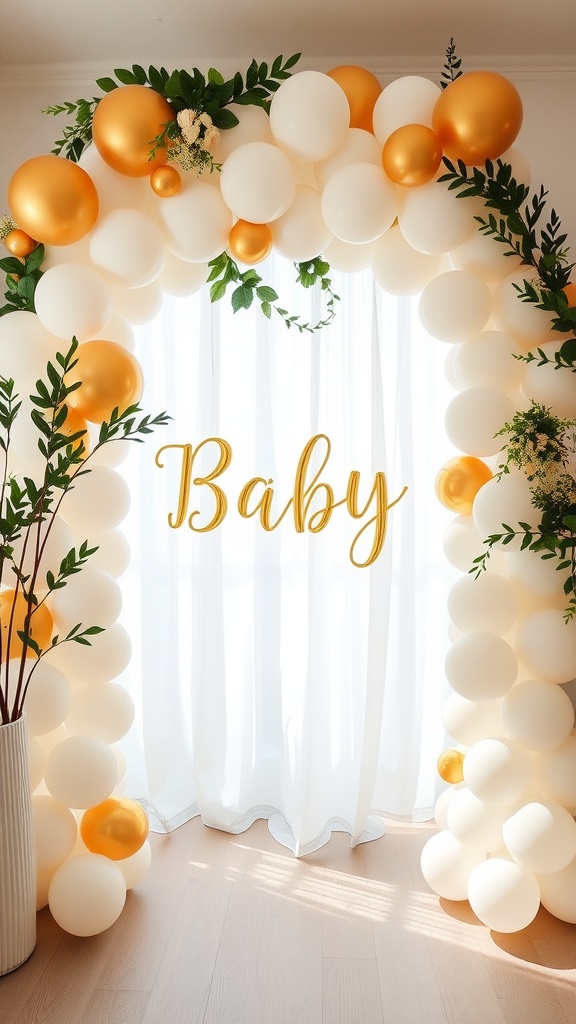 A balloon arch featuring white and gold balloons with the word 'Baby' in gold script.