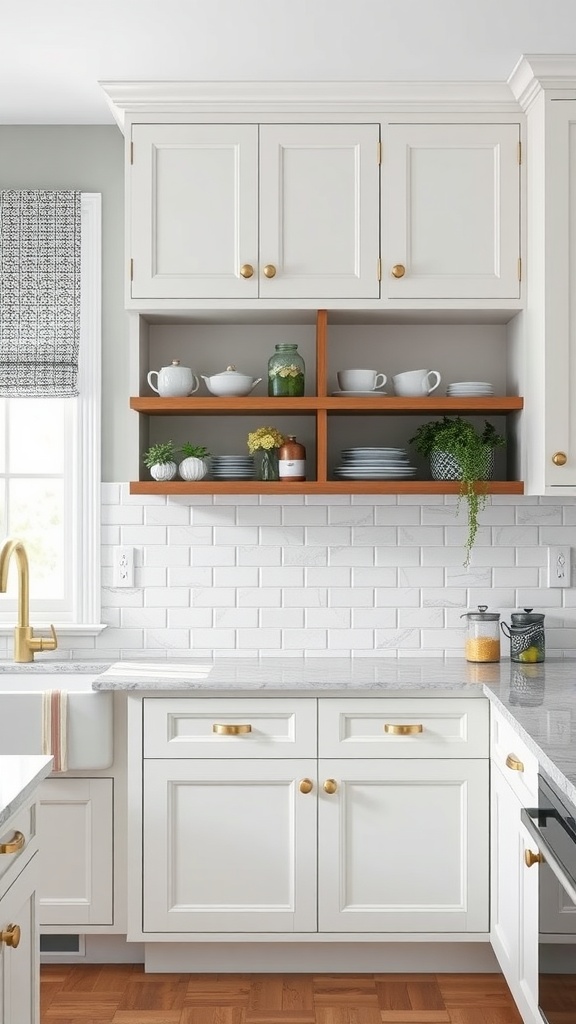 A kitchen with a white and gray backsplash featuring open shelving and golden hardware.