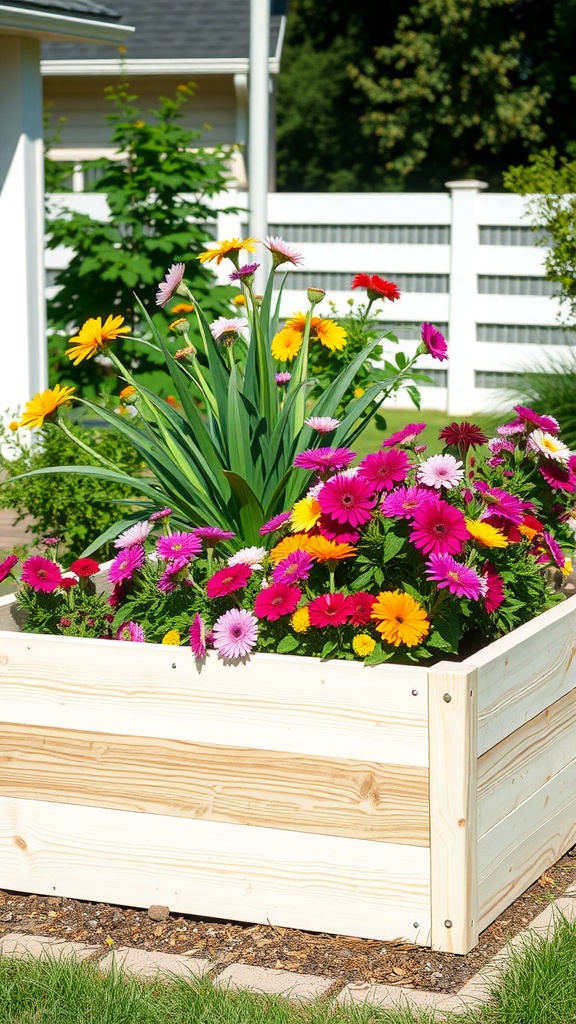 A classic white cedar raised garden bed filled with vibrant flowers.
