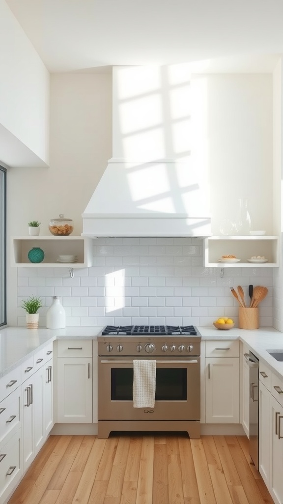 Bright kitchen featuring a classic white chimney with open shelving and wooden flooring.
