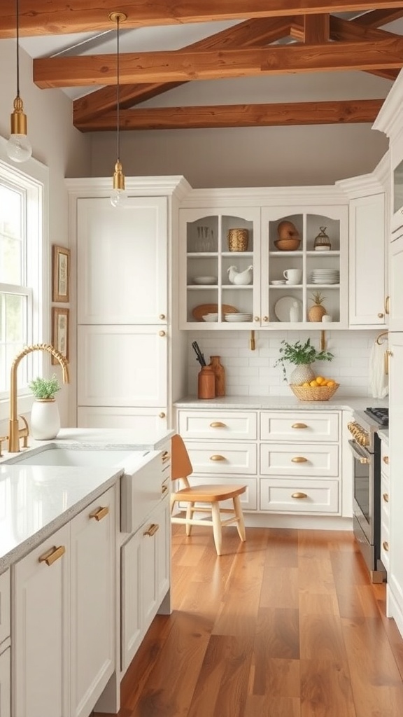 A bright kitchen featuring classic white shaker cabinets, warm wooden accents, and open shelving.