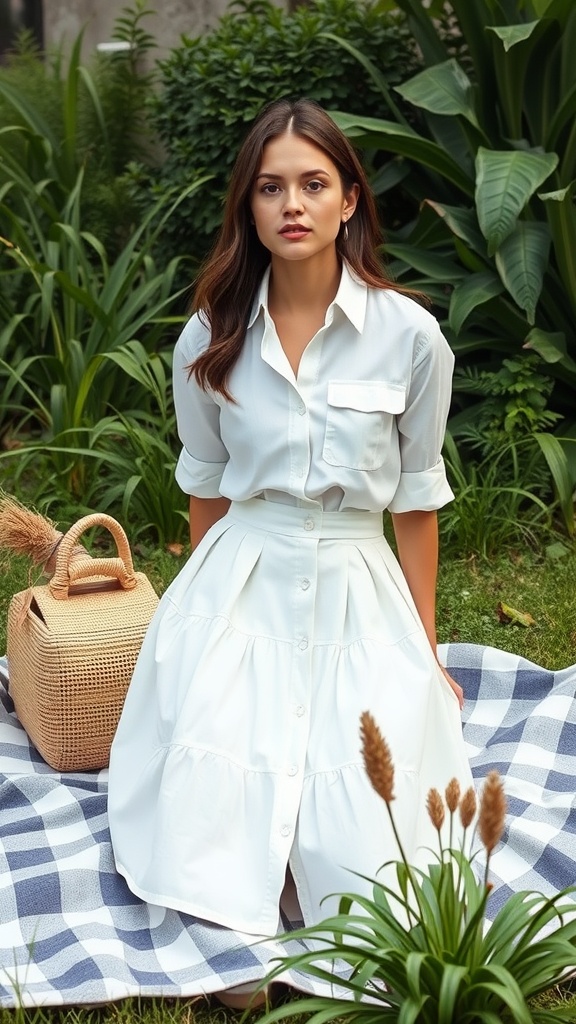 A woman in a classic white shirt and A-line skirt sitting on a picnic blanket surrounded by greenery.