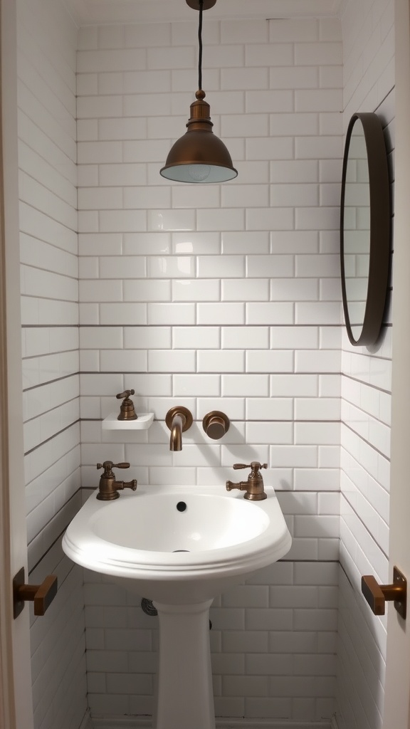 A small bathroom featuring classic white subway tiles, a round mirror, and vintage-style fixtures.