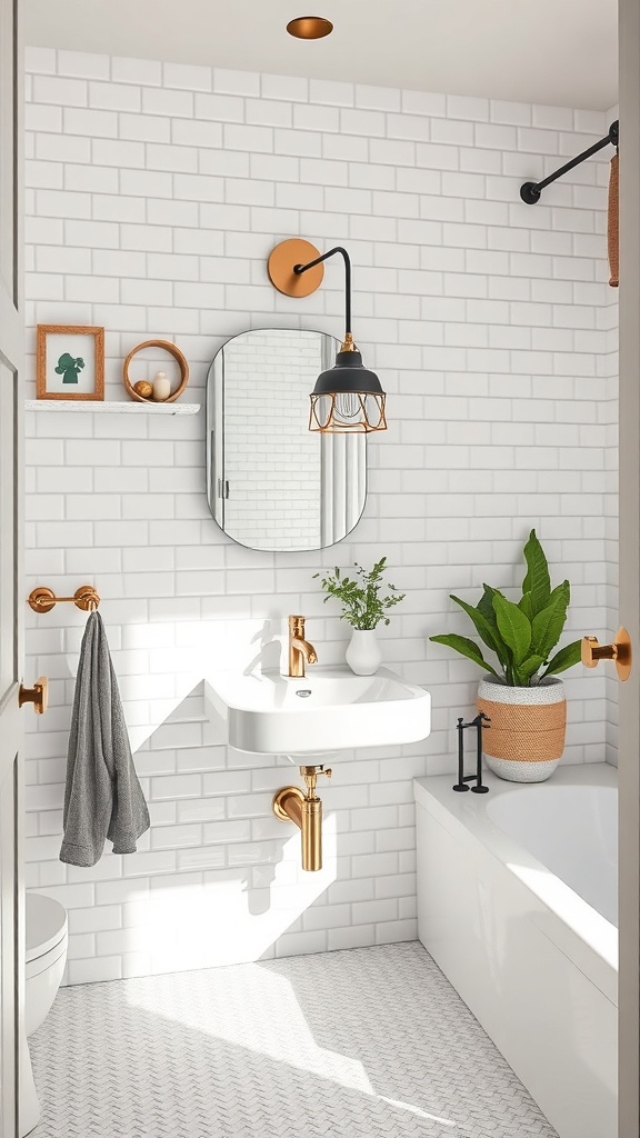 A bathroom featuring classic white subway tiles on the walls, with gold fixtures and a plant.