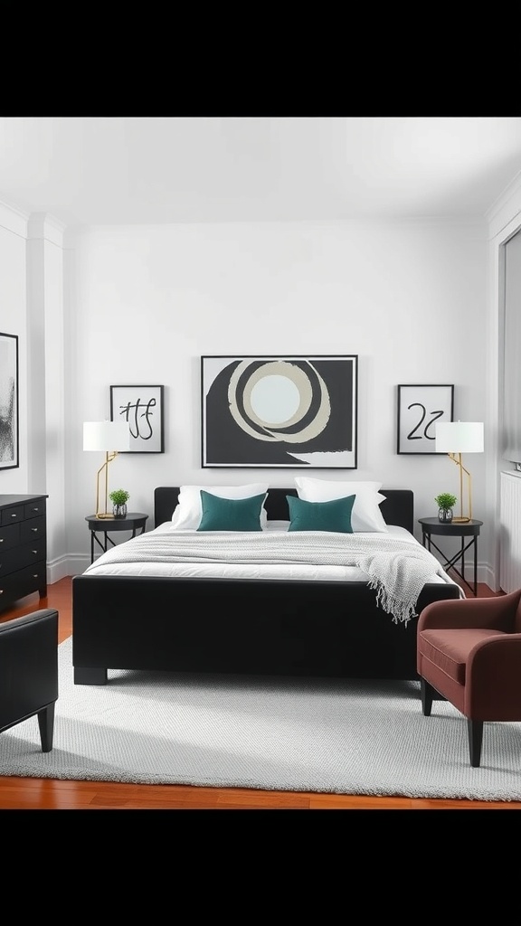 A neutral bedroom featuring classic white walls, bold artwork, a black bed frame, and accent chairs.