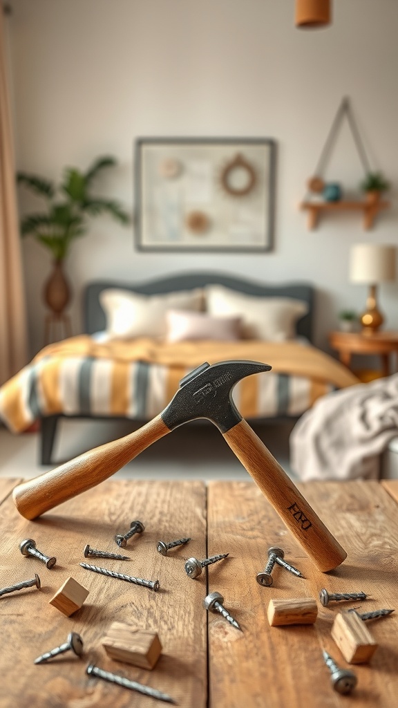 A claw hammer on a wooden table with screws and wooden blocks, set in a cozy bedroom.