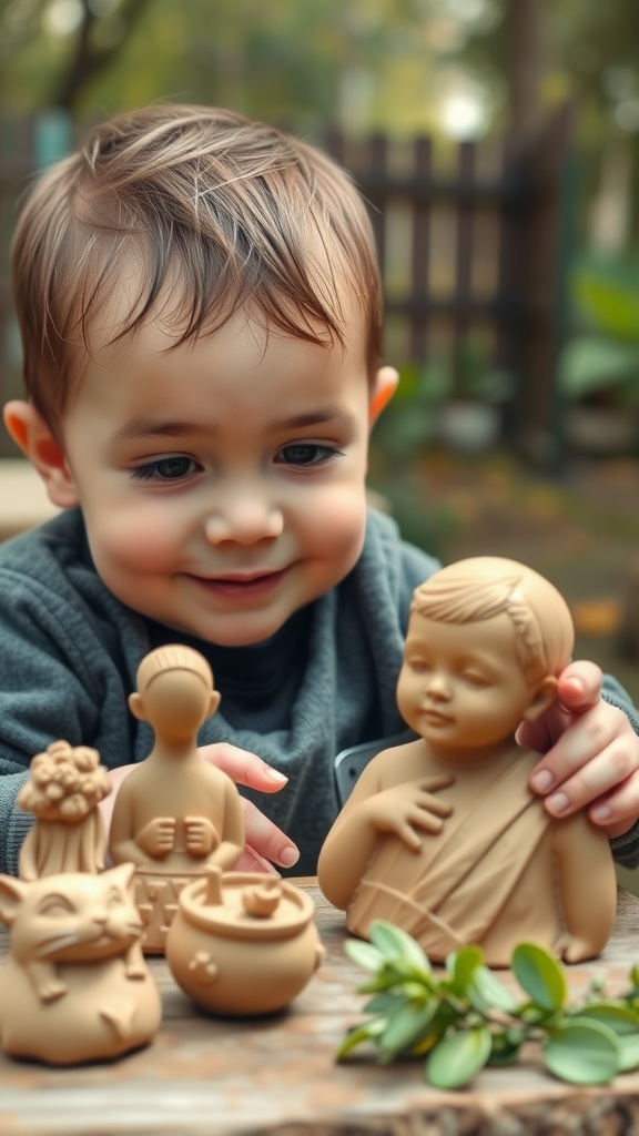 A young boy smiles as he plays with clay figurines in a natural outdoor setting.