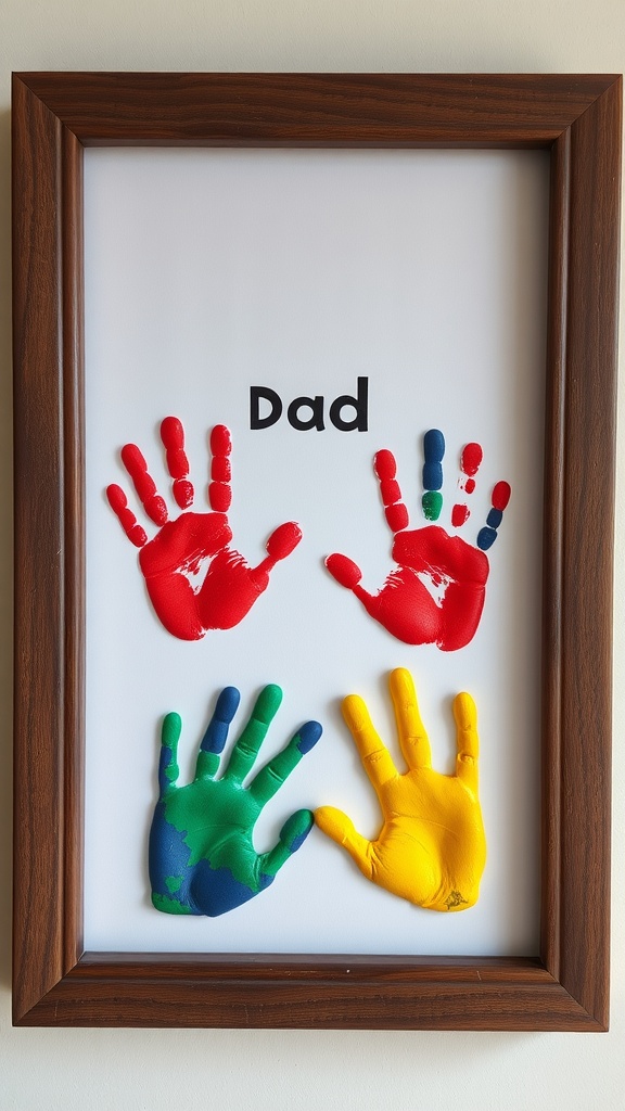Colorful clay handprints in a frame with the word Dad