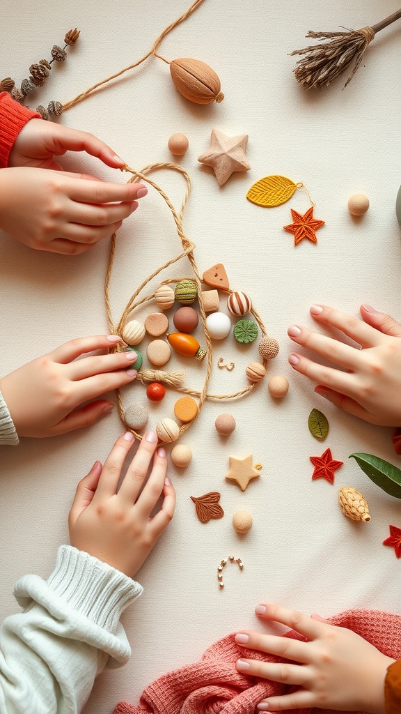 Hands reaching for colorful clay beads and shapes, showcasing a fun clay jewelry making activity.